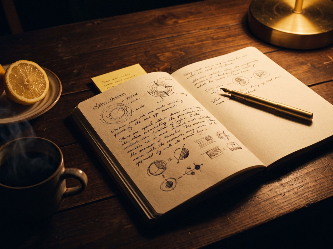 O caderno de trabalho da Daphne, aberto sob a luz do abajur