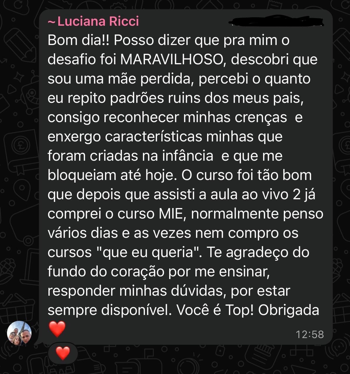 Mensagem de Luciana Ricci sobre o Método MIE